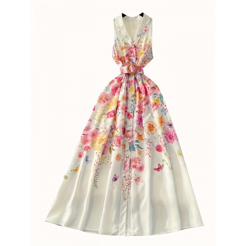 Vestido Midi Feminino de Verão com Botões de Pérola e Estampa, Solto e Elegante para Escritório ou Férias