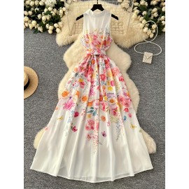 Vestido Midi Feminino de Verão com Botões de Pérola e Estampa, Solto e Elegante para Escritório ou Férias