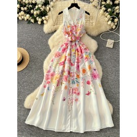 Vestido Midi Feminino de Verão com Botões de Pérola e Estampa, Solto e Elegante para Escritório ou Férias