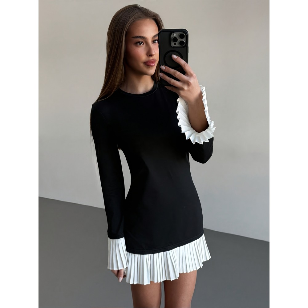 Vestido Feminino Elegante em A-Line com Mangas Com Renda e Barra Plissada - Mini Elástico, Gola Redonda, Lavável na Máquina, Casual a Formal para Primavera/Verão, Estilo Chic, Material de Alta Qualidade