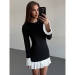 Vestido Feminino Elegante em A-Line com Mangas Com Renda e Barra Plissada - Mini Elástico, Gola Redonda, Lavável na Máquina, Casual a Formal para Primavera/Verão, Estilo Chic, Material de Alta Qualidade