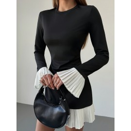 Vestido Feminino Elegante em A-Line com Mangas Com Renda e Barra Plissada - Mini Elástico, Gola Redonda, Lavável na Máquina, Casual a Formal para Primavera/Verão, Estilo Chic, Material de Alta Qualidade