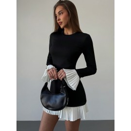 Vestido Feminino Elegante em A-Line com Mangas Com Renda e Barra Plissada - Mini Elástico, Gola Redonda, Lavável na Máquina, Casual a Formal para Primavera/Verão, Estilo Chic, Material de Alta Qualidade