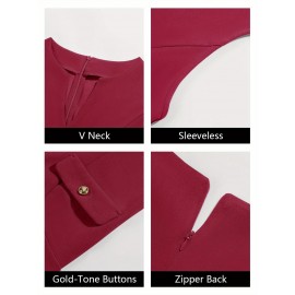 Vestido de Escritório Elegante Sem Mangas e Ajustado com Decote em V para Mulheres com Bolsos - Vestido Casual de Trabalho Lavável à Máquina para Primavera Verão Outono, Silhueta Estruturada