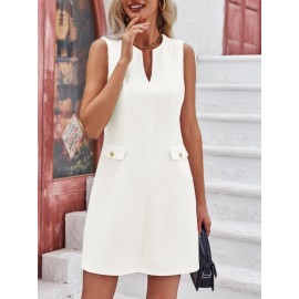 Vestido de Escritório Elegante Sem Mangas e Ajustado com Decote em V para Mulheres com Bolsos - Vestido Casual de Trabalho Lavável à Máquina para Primavera Verão Outono, Silhueta Estruturada