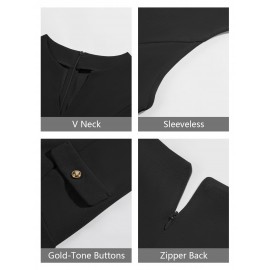 Vestido de Escritório Elegante Sem Mangas e Ajustado com Decote em V para Mulheres com Bolsos - Vestido Casual de Trabalho Lavável à Máquina para Primavera Verão Outono, Silhueta Estruturada