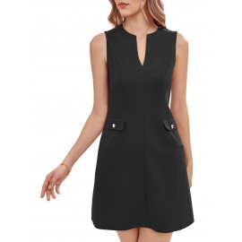Vestido de Escritório Elegante Sem Mangas e Ajustado com Decote em V para Mulheres com Bolsos - Vestido Casual de Trabalho Lavável à Máquina para Primavera Verão Outono, Silhueta Estruturada