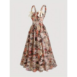 Vestido vintage floral para mulher com detalhe de laço - Decote quadrado, manga curta, corte em A, bege com padrões florais rosa e verde, perfeito para primavera/verão, roupa casual para adultos, vestido fofo