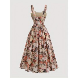 Vestido vintage floral para mulher com detalhe de laço - Decote quadrado, manga curta, corte em A, bege com padrões florais rosa e verde, perfeito para primavera/verão, roupa casual para adultos, vestido fofo
