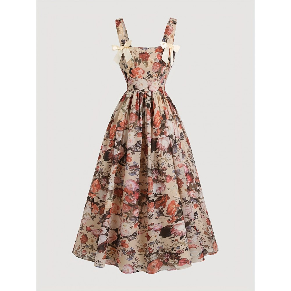 Vestido vintage floral para mulher com detalhe de laço - Decote quadrado, manga curta, corte em A, bege com padrões florais rosa e verde, perfeito para primavera/verão, roupa casual para adultos, vestido fofo