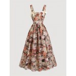 Vestido vintage floral para mulher com detalhe de laço - Decote quadrado, manga curta, corte em A, bege com padrões florais rosa e verde, perfeito para primavera/verão, roupa casual para adultos, vestido fofo