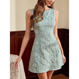 Vestido Mini Elegante Vintage Sem Mangas e Ajustado com Babados para Mulheres - Bordado de Folhas Tropicais, Vestido Verde Lavável à Máquina até o Joelho para Férias de Primavera Verão Outono & Saídas Casuais, Corte Sofisticada