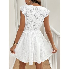 Vestido Feminino Elegante com Decote em V e Detalhes de Renda - Leve, Respirável, Lavável na Máquina, Tecido Semitransparente para Primavera/Verão/Outono, Casual a Semi-Formal