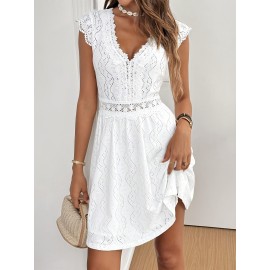 Vestido Feminino Elegante com Decote em V e Detalhes de Renda - Leve, Respirável, Lavável na Máquina, Tecido Semitransparente para Primavera/Verão/Outono, Casual a Semi-Formal