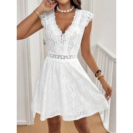 Vestido Feminino Elegante com Decote em V e Detalhes de Renda - Leve, Respirável, Lavável na Máquina, Tecido Semitransparente para Primavera/Verão/Outono, Casual a Semi-Formal