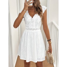 Vestido Feminino Elegante com Decote em V e Detalhes de Renda - Leve, Respirável, Lavável na Máquina, Tecido Semitransparente para Primavera/Verão/Outono, Casual a Semi-Formal
