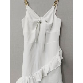 Vestido elegante com renda e decote nas costas, com laço na frente - Vestido midi sem mangas de corte justo para mulheres, branco, perfeito para o verão, vestuário de ocasião, vestido com bainha de renda, moda sem mangas, tecido de qualidade