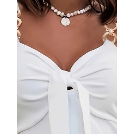 Vestido elegante com renda e decote nas costas, com laço na frente - Vestido midi sem mangas de corte justo para mulheres, branco, perfeito para o verão, vestuário de ocasião, vestido com bainha de renda, moda sem mangas, tecido de qualidade