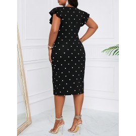 Vestido Elegante Sem Mangas com Decote em V e Bolinhas para Mulheres - Preto e Branco, Vestido de Trabalho Ajustado para Primavera/Verão, Lavável à Máquina, Uso Diário e Casual