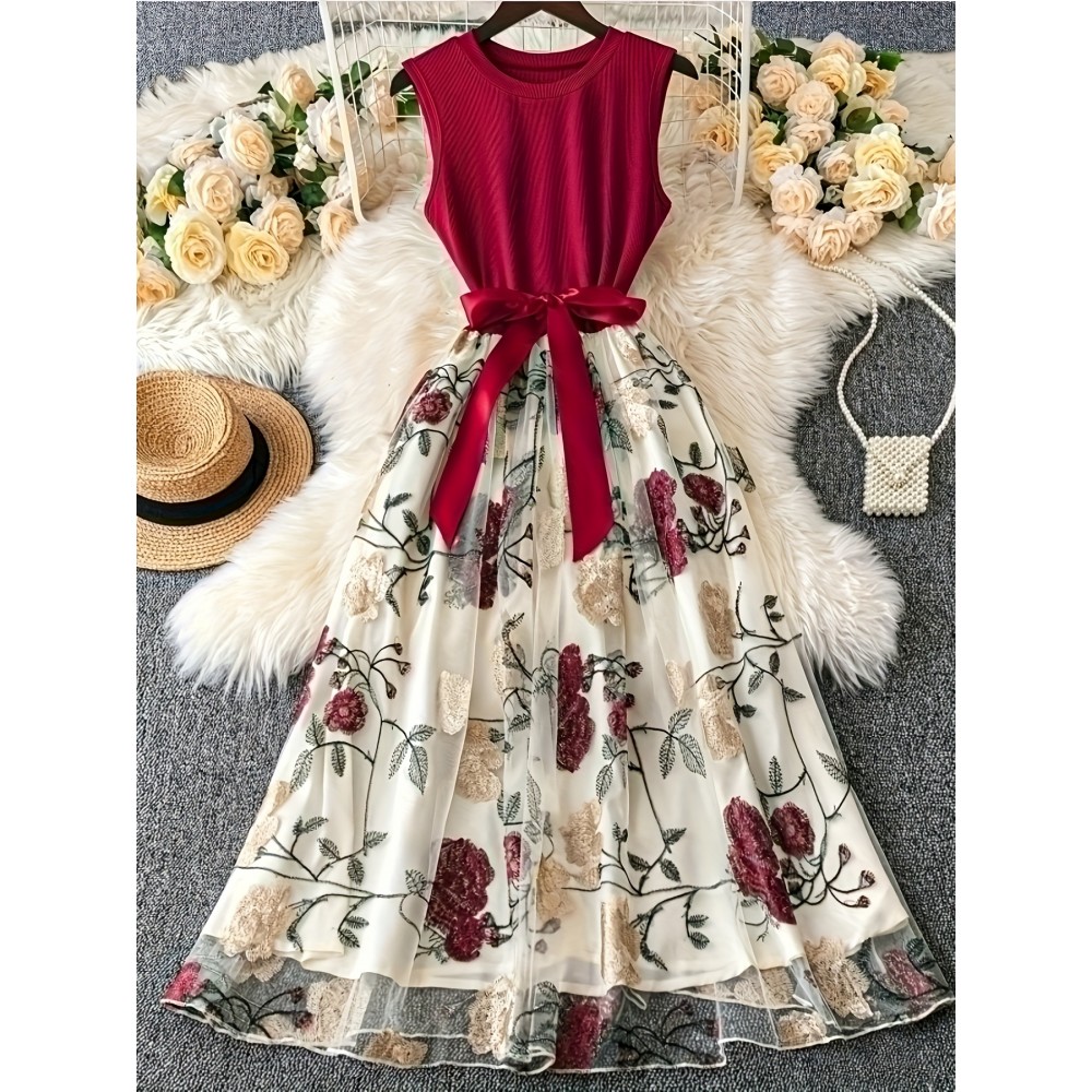 Vestido floral vermelho e branco elegante com painéis de malha - Sem mangas, cintura peplum, detalhe de fita, perfeito para férias e saídas de primavera/verão, vestido de férias | Vestido com estampa floral | Detalhe bordado, vestido com estampa floral