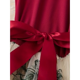 Vestido floral vermelho e branco elegante com painéis de malha - Sem mangas, cintura peplum, detalhe de fita, perfeito para férias e saídas de primavera/verão, vestido de férias | Vestido com estampa floral | Detalhe bordado, vestido com estampa floral