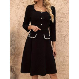 Vestido com decote quadrado na frente, elegante vestido de manga longa para primavera e outono, roupas femininas