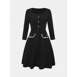 Vestido com decote quadrado na frente, elegante vestido de manga longa para primavera e outono, roupas femininas