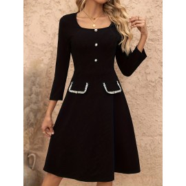 Vestido com decote quadrado na frente, elegante vestido de manga longa para primavera e outono, roupas femininas