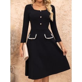 Vestido com decote quadrado na frente, elegante vestido de manga longa para primavera e outono, roupas femininas