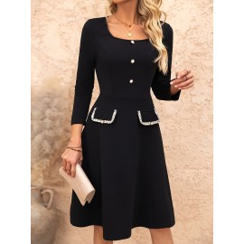Vestido com decote quadrado na frente, elegante vestido de manga longa para primavera e outono, roupas femininas