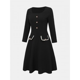 Vestido com decote quadrado na frente, elegante vestido de manga longa para primavera e outono, roupas femininas