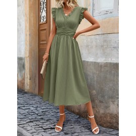 Vestido elegante sem mangas com decote em V para mulheres, com detalhe de babado - Azul claro, moda primavera/verão, atitude casual | Borda com babado | Decote em V