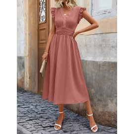 Vestido elegante sem mangas com decote em V para mulheres, com detalhe de babado - Azul claro, moda primavera/verão, atitude casual | Borda com babado | Decote em V