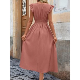 Vestido elegante sem mangas com decote em V para mulheres, com detalhe de babado - Azul claro, moda primavera/verão, atitude casual | Borda com babado | Decote em V