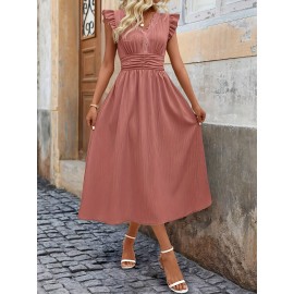 Vestido elegante sem mangas com decote em V para mulheres, com detalhe de babado - Azul claro, moda primavera/verão, atitude casual | Borda com babado | Decote em V