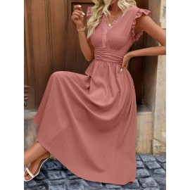 Vestido elegante sem mangas com decote em V para mulheres, com detalhe de babado - Azul claro, moda primavera/verão, atitude casual | Borda com babado | Decote em V