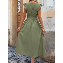 Vestido elegante sem mangas com decote em V para mulheres, com detalhe de babado - Azul claro, moda primavera/verão, atitude casual | Borda com babado | Decote em V
