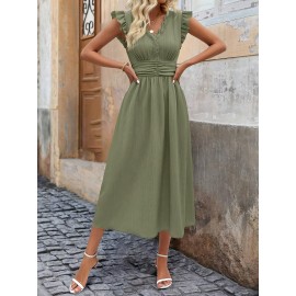Vestido elegante sem mangas com decote em V para mulheres, com detalhe de babado - Azul claro, moda primavera/verão, atitude casual | Borda com babado | Decote em V