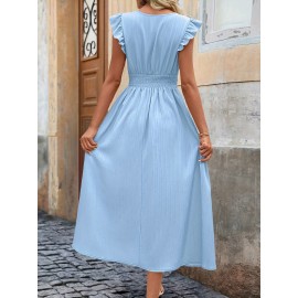 Vestido elegante sem mangas com decote em V para mulheres, com detalhe de babado - Azul claro, moda primavera/verão, atitude casual | Borda com babado | Decote em V
