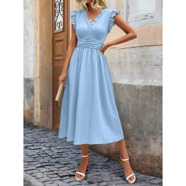 Vestido elegante sem mangas com decote em V para mulheres, com detalhe de babado - Azul claro, moda primavera/verão, atitude casual | Borda com babado | Decote em V