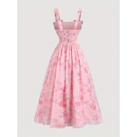 Vestido sem mangas com estampa floral elegante, com bainha franzida e detalhe de laço - Poliéster leve, decote quadrado, perfeito para saídas de primavera/verão, festas e férias, vestido floral