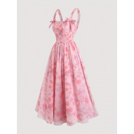 Vestido sem mangas com estampa floral elegante, com bainha franzida e detalhe de laço - Poliéster leve, decote quadrado, perfeito para saídas de primavera/verão, festas e férias, vestido floral