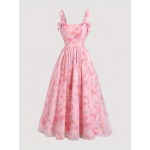 Vestido sem mangas com estampa floral elegante, com bainha franzida e detalhe de laço - Poliéster leve, decote quadrado, perfeito para saídas de primavera/verão, festas e férias, vestido floral