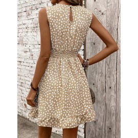 Vestido Feminino Elegante Sem Mangas com Estampa Geométrica de Bolinhas - Vestido A-Line na Cintura Franzida, Comprimento até o Joelho, 100% Poliéster Lavável à Máquina para Uso Casual e Formal em Primavera/Verão/Outono