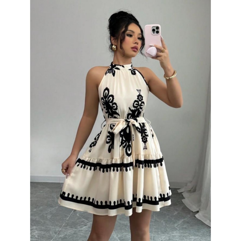 Vestido mini elegante sem ombros com gola alta para mulheres, com estampado floral - Saia A-line preta e branca, perfeita para primavera/verão, de casual a formal, atitude casual|Vestido com estampado floral|Poliamida