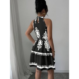 Vestido mini elegante sem ombros com gola alta para mulheres, com estampado floral - Saia A-line preta e branca, perfeita para primavera/verão, de casual a formal, atitude casual|Vestido com estampado floral|Poliamida