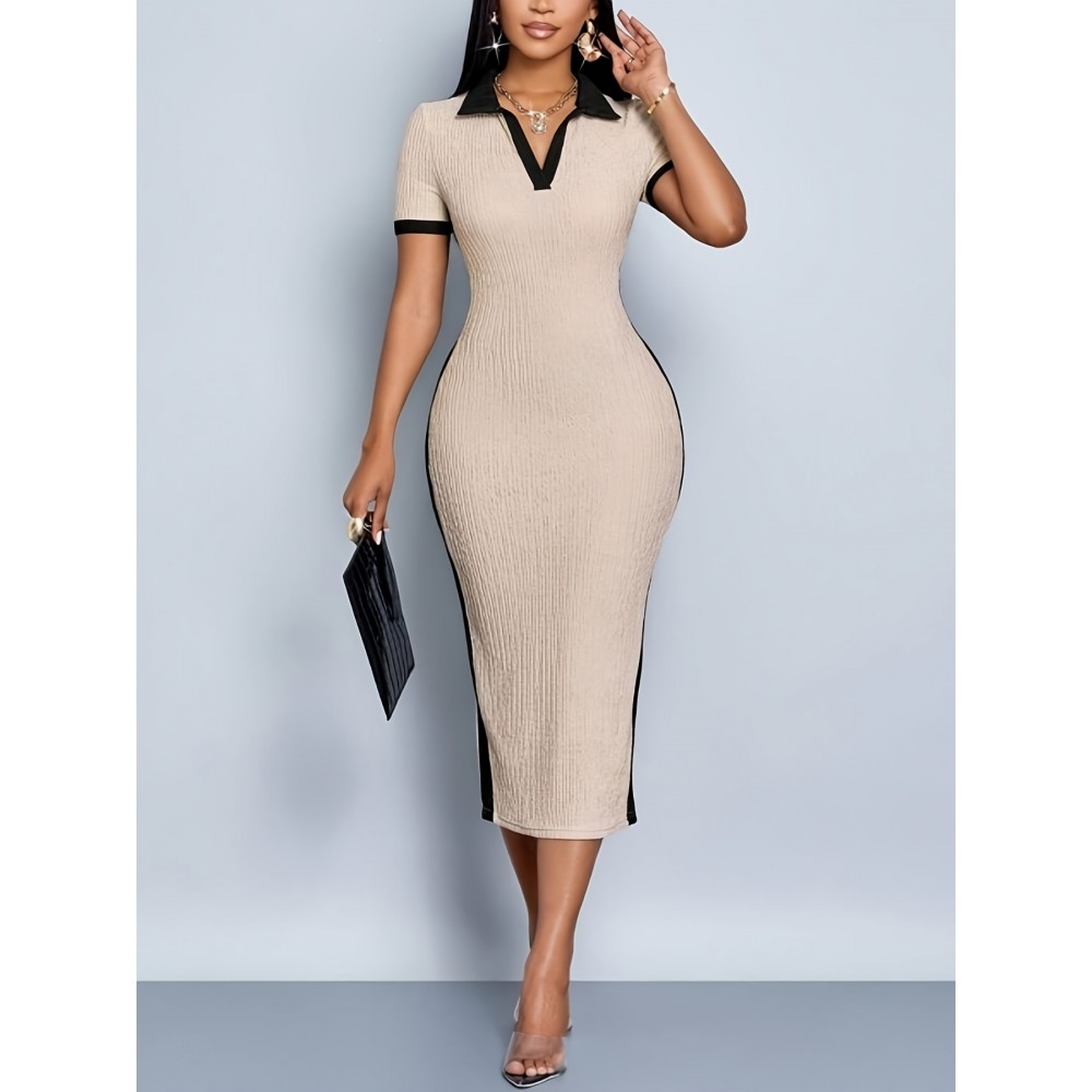 Vestido Feminino de Verão Slim Fit com Decote em V e Bloco de Cores Contrastantes - Poliéster Leve, Lavável na Máquina, Elegante para Looks Casuais ou Formais