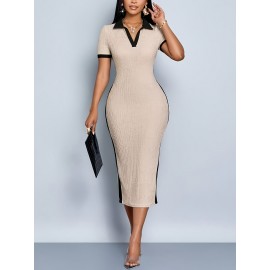 Vestido Feminino de Verão Slim Fit com Decote em V e Bloco de Cores Contrastantes - Poliéster Leve, Lavável na Máquina, Elegante para Looks Casuais ou Formais