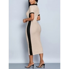 Vestido Feminino de Verão Slim Fit com Decote em V e Bloco de Cores Contrastantes - Poliéster Leve, Lavável na Máquina, Elegante para Looks Casuais ou Formais