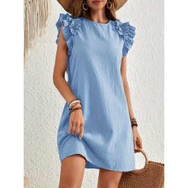 Vestido Mini A-Line com Babado de Cor Sólida para Mulheres
